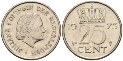 Нидерланды 25 центов 1973 Юлиана (1949-1980) KM 183 никель    4598-468