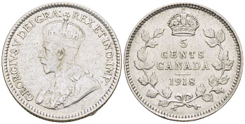 Канада 5 центов 1918 Георг V (1910-1936) KM 22 серебро 206-239