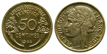 Французская Западная Африка 50 сантимов 1944 редкая KM 1, Lec 1 алюминиевая бронза aUNC 4381-937