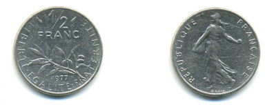 ФРАНЦИЯ 1/2 ФРАНКА 1977 СЕЯТЕЛЬ KM 931.1, LE FRANC 198.16 никель 80-913