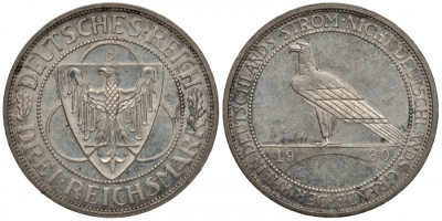 Германия 3 марки 1930 G, освобождение Рейнлянда J. 345, KM 70 серебро aUNC 00-814-73