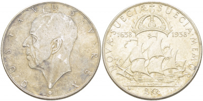 Швеция 2 кроны 1938 G, Густав V (1907-1950), 300 лет шведским поселениям в Делавере KM 807 серебро 1515-1031