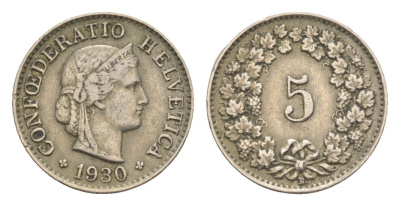 Швейцария 5 раппенов 1930 B KM 26 медно-никель 4643-329