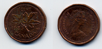 КАНАДА 1 ЦЕНТ 1983 ЕЛИЗАВЕТА II, КЛЕНОВЫЙ ЛИСТ KM 132 бронза 54-2446