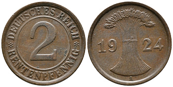 ГЕРМАНИЯ 2 РЕНТЕНПФЕННИГА 1924 A KM 31, J. 307 бронза 24-613