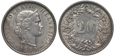 Швейцария 20 раппенов 1974 KM 29а медно-никель 4128-726