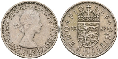 Великобритания 1 шиллинг 1953 Елизавета II (1952-2022), Английский герб KM 890, Spink 4139 медно-никель 4153-857
