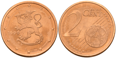 Финляндия 2 евроцента 1999  KM 99 сталь плакированная медью  UNC  4160-348