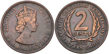 Британские Восточно-Карибские территории 2 цента 1955 Елизавета II (1952-2022) KM 3 бронза 4572-132