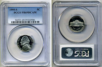 США 5 центов 1995 S, президент Джеферсон, в слабе PCGS PR69CAM KM А192 медно-никель PROOF 15-003-16