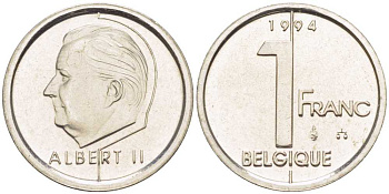 БЕЛЬГИЯ 1 ФРАНК 1994 BELGIQUE, АЛЬБЕРТ II (1993-) KM 187 железо плакированное никелем 3851-1157