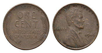 США 1 цент 1946 Линкольн KM A132 латунь 4651-664