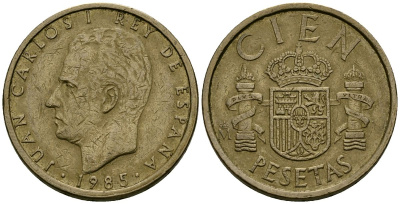 Испания 100 песет 1985 Король Хуан Карлос I (1975 - 2014) KM 826 алюминиевая бронза 4586-816