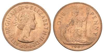 Великобритания 1 пенни 1967 Елизавета II (1952-2022) KM 897, Spink 4157 бронза UNC 4661-1013