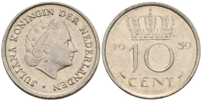 Нидерланды 10 центов 1959 Юлиана (1948-1980) КМ 182 никель    4602-531