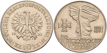 Польша 10 злотых 1971 MW, 50 лет битве за Верхнюю Силезию KM 64 медно-никель    4150-435