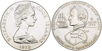 ОСТРОВА КУКА 7 1/2 ДОЛЛАРА 1973 ВТОРОЕ ПЛАВАНЬЕ КУКА ПО ТИХОМУ ОКЕАНУ, 200 ЛЕТ ОТКРЫТИЮ ОСТРОВА ХЕРВИ, ПРОБА 925, ВЕС 33,8 ГР., ТИРАЖ 6000 ЭКЗ., ДИАМЕТР 42 ММ. KM 10 серебро UNC 1085-7-23