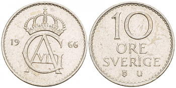Швеция 10 эре 1966 U Густав VI Адольф (1950-1973) KM 835 медно-никель 4547-1058