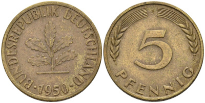 ФРГ 5 пфеннигов 1950 J KM 107, J. 382 сталь плакированная латунью 4585-769