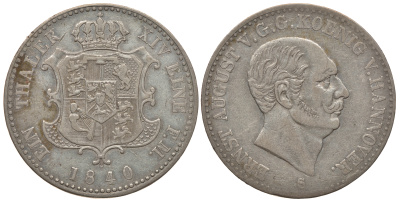 Брауншвейг-Каленберг-Ганновер 1 талер 1840 S, Эрнст Август (1837-1851), редкий КМ 193, Jaeger 68, Thun 161, AKS 103, Kahnt 229 серебро    00-807-26
