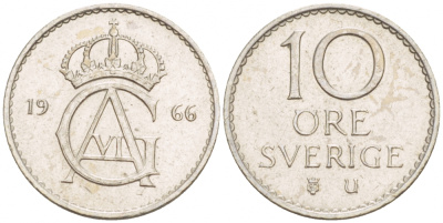 Швеция 10 эре 1966 U Густав VI Адольф (1950-1973) KM 835 медно-никель 4547-1058