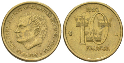 Швеция 10 крон 1992 D, Карл XVI Густав (1973-) KM 877 нордик 4561-444