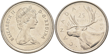Канада 25 центов 1986 Елизавета II (1952-2022), олень KM 74 никель  4150-456