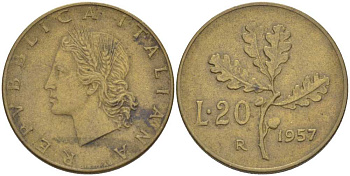 ИТАЛИЯ 20 ЛИР 1957 R, ДУБОВЫЙ ЛИСТ KM 97.1 алюминиевая бронза 113-1243