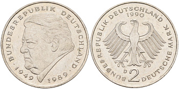ФРГ 2 марки 1990 D, Франц Йозеф Штраус, 40 лет Федеративной Республике (1949-1989) KM 175, J. 450 медно-никель плакированный никелем 4168-445