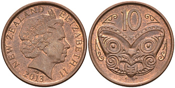 Новая Зеландия 10 центов 2013 маска Маори, Елизавета II (1952-) KM 117а сталь плакированная медью 65-1154
