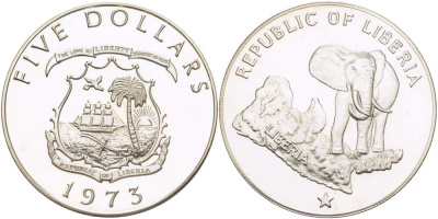 Либерия 5 долларов 1974 африканский слон KM 29 серебро PROOF 00-000-00