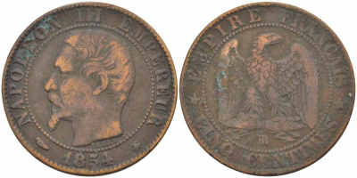 Франция 5 сантимов 1854 BB, Наполеон III (1852-1870) KM 777.3, LE FRANC 116.10 бронза 108-251