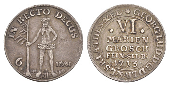 Брауншвейг-Каленберг-Ганновер 6 мариенгрошей 1713 дикарь, Георг I (1698-1727), из коллекции Ричарда Б. Смита Welter 2182 серебро 00-821-30