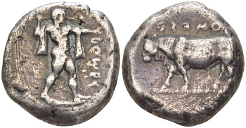 Лукания, Посейдония статер 445-420 гг. до н.э. ?OME?, Посейдон с воздетым трезубцем / ретроградная легенда ?OME?, бык, вес 7,80 г HN Italy 1114 серебро 00-821-56