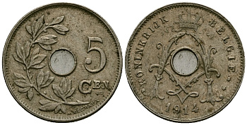 Бельгия 5 сантимов 1914 Belgie KM 67 медно-никель 4173-448