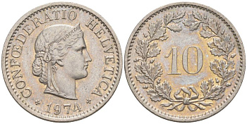 Швейцария 10 раппенов 1974 KM 27 медно-никель 55-453