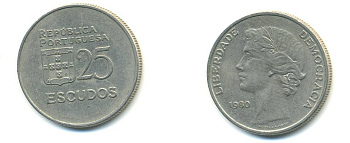 Португалия 25 эскудо 1980 первый год KM 607 a медно-никель 54-2357