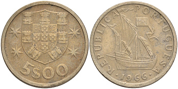 Португалия 5 эскудо 1966 парусник KM 591 медно-никель 4561-745