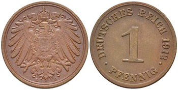 ГЕРМАНИЯ 1 ПФЕННИГ 1912 D KM 10, J. 10, Weege 2 медь 211-463