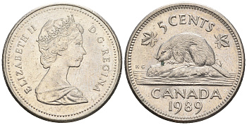 Канада 5 центов 1989 Елизавета II (1952-2022), бобер KM 60.2а медно-никель 4609-435