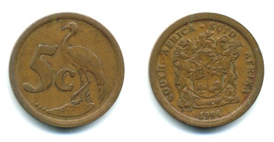 ЮАР 5 ЦЕНТОВ 1994 ГЕРБ, РАЙСКИЙ ЖУРАВЛЬ KM 134 сталь плакированная медью 23-645