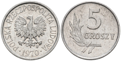 Польша 5 грошей 1970 MW  KM A46, Parchimowicz 204j алюминий 86-467