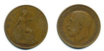Великобритания 1 пенни 1920 Георг V (1910-1936) KM 810, Spink 4051 бронза 41-424