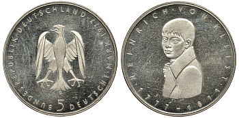 ФРГ 5 МАРОК 1977 G, 200 ЛЕТ СО ДНЯ РОЖДЕНИЯ ГЕНРИХА фон КЛЕЙСТА KM 146, J. 421 серебро 413-3221