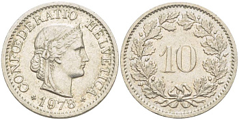 Швейцария 10 раппенов 1978 KM 27 медно-никель 4529-645