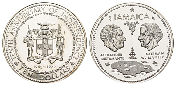 Ямайка 10 долларов 1972 10 лет независимости KM 60 серебро PROOF 1079-8-22