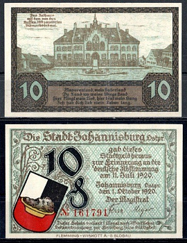 Йоханнесбург (Восточная Пруссия) 10 пфеннигов 1920 DeNG 1/2 662.1 3/4 бумага UNC (пресс) 7555-19-1-1