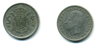 Испания 5 песет 1975 (78) Хуан Карлос I (1975-2014) KM 807 медно-никель 25-2032