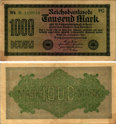 ГЕРМАНИЯ 1000 МАРОК 1922 15 СЕНТЯЬРЯ 1922, ВОДЯНОЙ ЗНАК G, БЕЛАЯ БУМАГА Pick 76е бумага 444-150-2