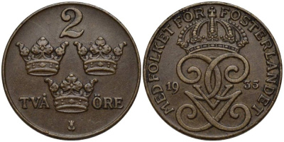 Швеция 2 эре 1935 Густав V (1907-1950) KM 778 бронза 27-545